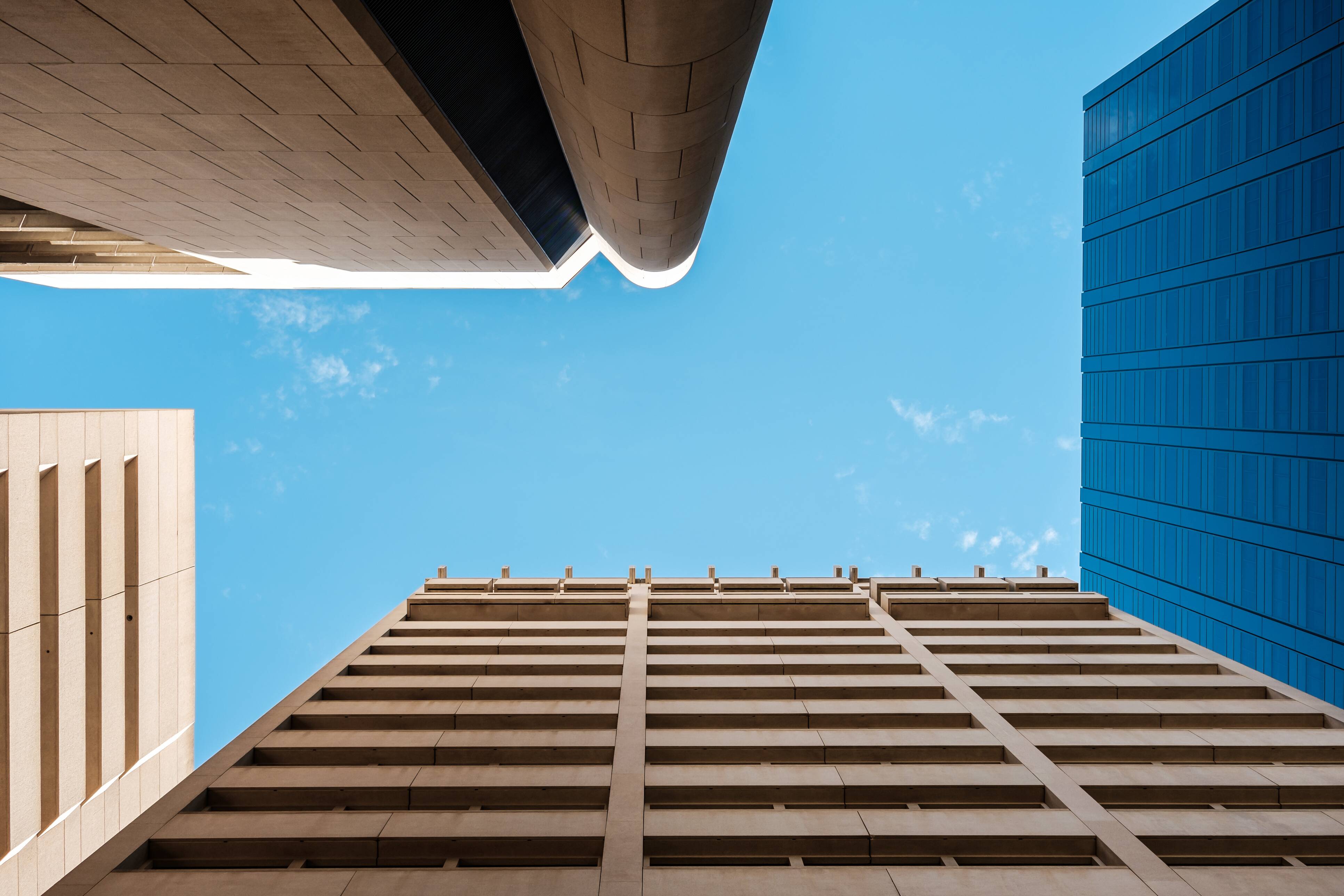 Photo of office building shot looking upward from ground level